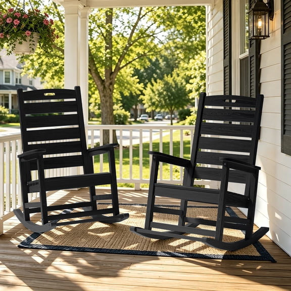 SERWALL Oversized Outdoor Rocking Chair Set of 2 with Footrest for Adults, HDPE All Weather Patio Rocker for Porch, Garden, Lawn, Black
