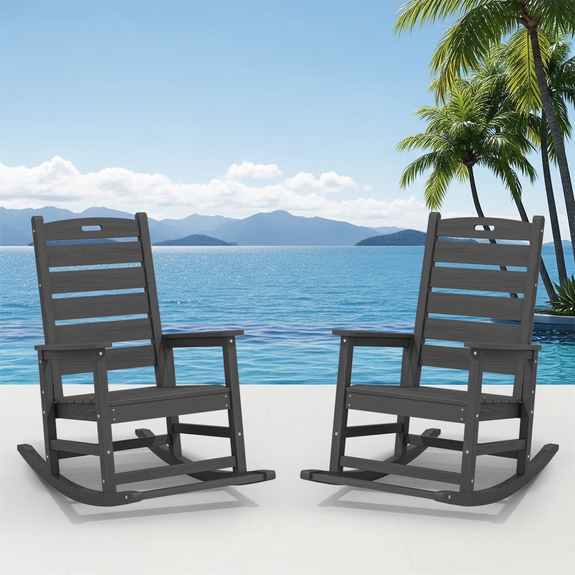 SERWALL Oversized Outdoor Rocking Chair Set of 2 with Footrest for Adults, HDPE All Weather Patio Rocker for Porch, Garden, Lawn, Grey