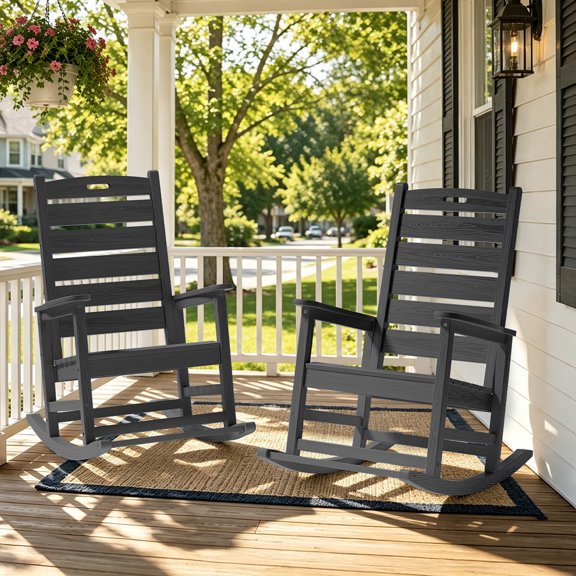 SERWALL Oversized Outdoor Rocking Chair Set of 2 with Footrest for Adults, HDPE All Weather Patio Rocker for Porch, Garden, Lawn, Grey