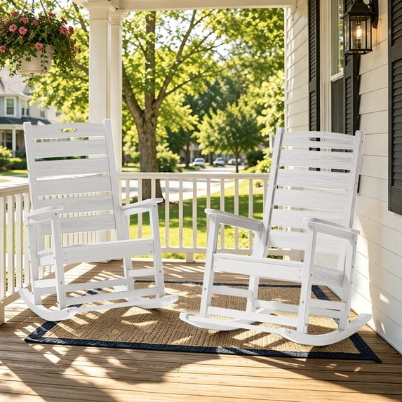 SERWALL Oversized Outdoor Rocking Chair Set of 2 with Footrest for Adults, HDPE All Weather Patio Rocker for Porch, Garden, Lawn, White