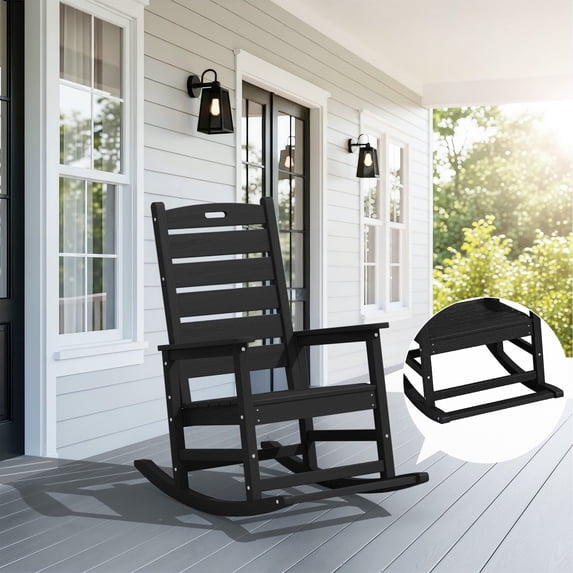 SERWALL Oversized Outdoor Rocking Chair with Footrest for Adults, HDPE All Weather Patio Rocker for Porch, Garden, Lawn, Black