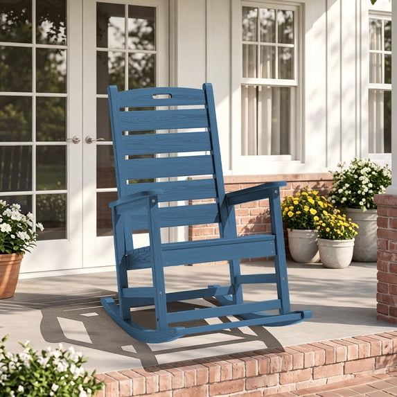 SERWALL Oversized Outdoor Rocking Chair with Footrest for Adults, HDPE All Weather Patio Rocker for Porch, Garden, Lawn, Black