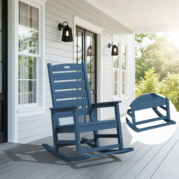 SERWALL Oversized Outdoor Rocking Chair with Footrest for Adults, HDPE All Weather Patio Rocker for Porch, Garden, Lawn, Black