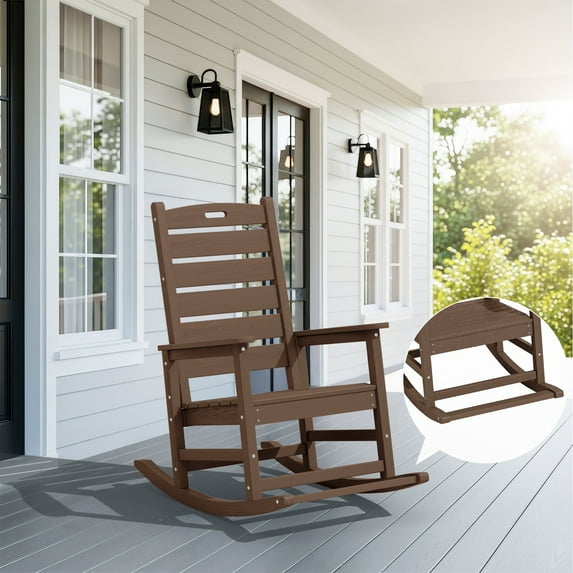 SERWALL Oversized Outdoor Rocking Chair with Footrest for Adults, HDPE All Weather Patio Rocker for Porch, Garden, Lawn, Brown