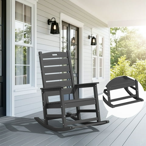 SERWALL Oversized Outdoor Rocking Chair with Footrest for Adults, HDPE All Weather Patio Rocker for Porch, Garden, Lawn, Grey