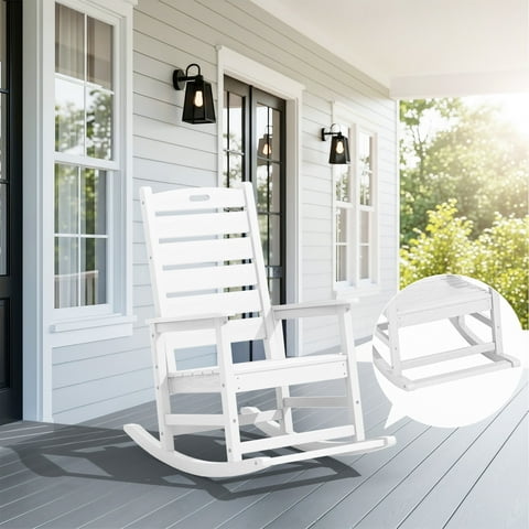 SERWALL Oversized Outdoor Rocking Chair with Footrest for Adults, HDPE All Weather Patio Rocker for Porch, Garden, Lawn, White