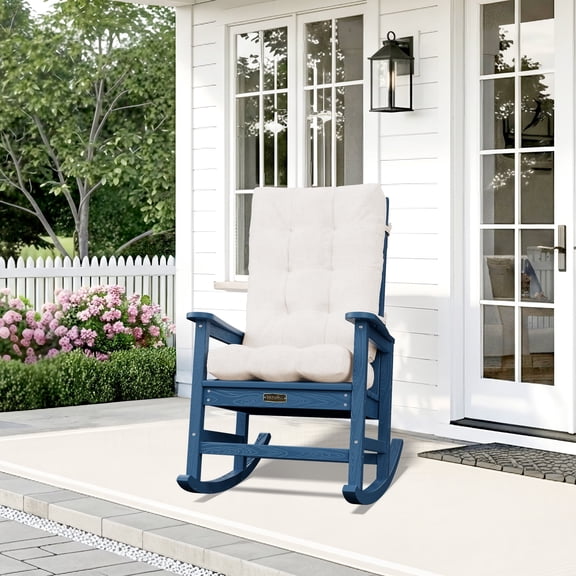SERWALL Oversized HDPE Outdoor Rocking Chair with Cushion, Blue Rocker and Beige Cushion