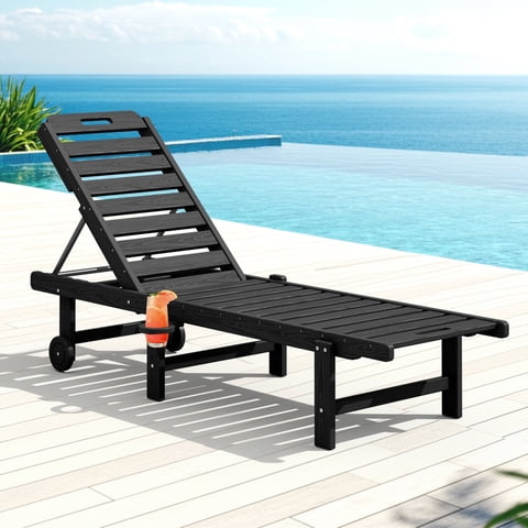 SERWALL Patio Chaise Lounge Chair, 5 Positions Adjustable Backrest, 78" Length HDPE Outdoor Chaise Lounge with Rolling Wheels & Cup Holder for Poolside, Black