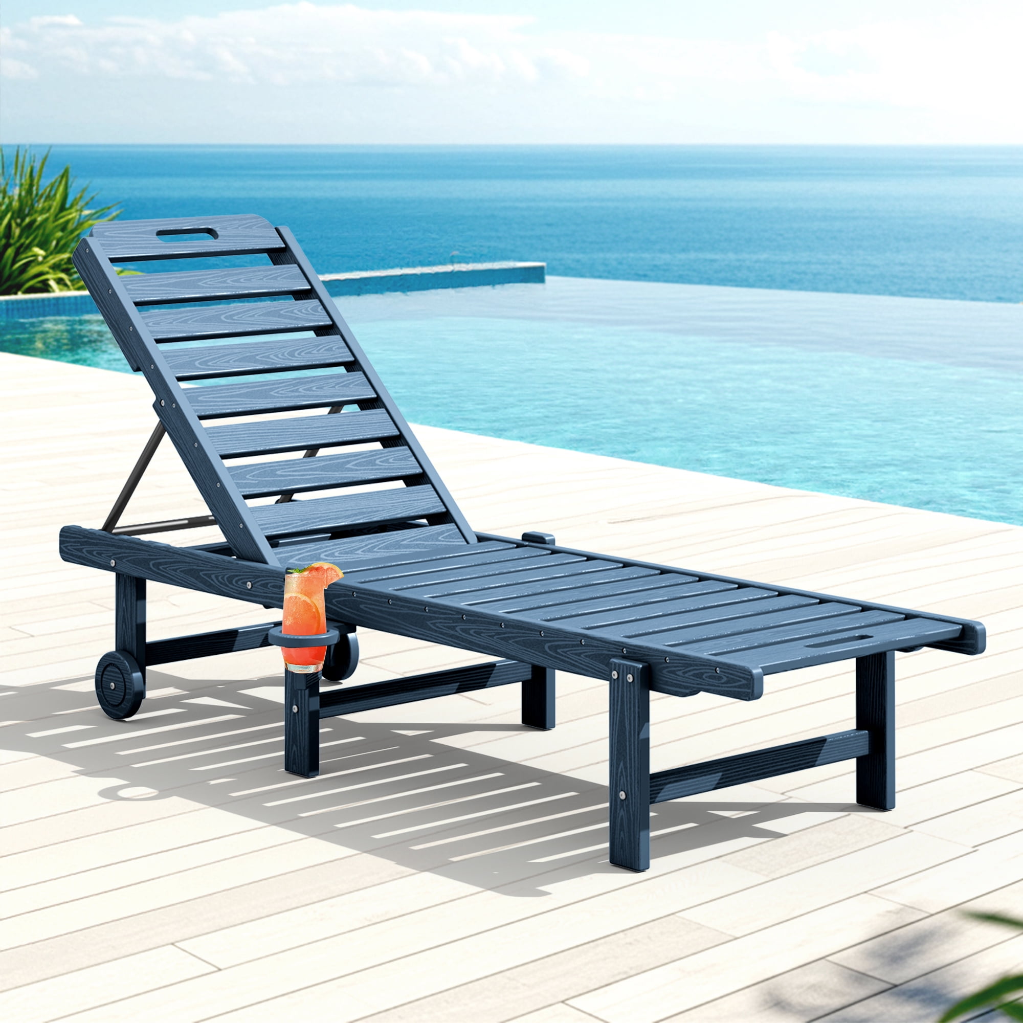 SERWALL Patio Chaise Lounge Chair, 5 Positions Adjustable Backrest, 78" Length HDPE Outdoor Chaise Lounge with Rolling Wheels & Cup Holder for Poolside, Blue