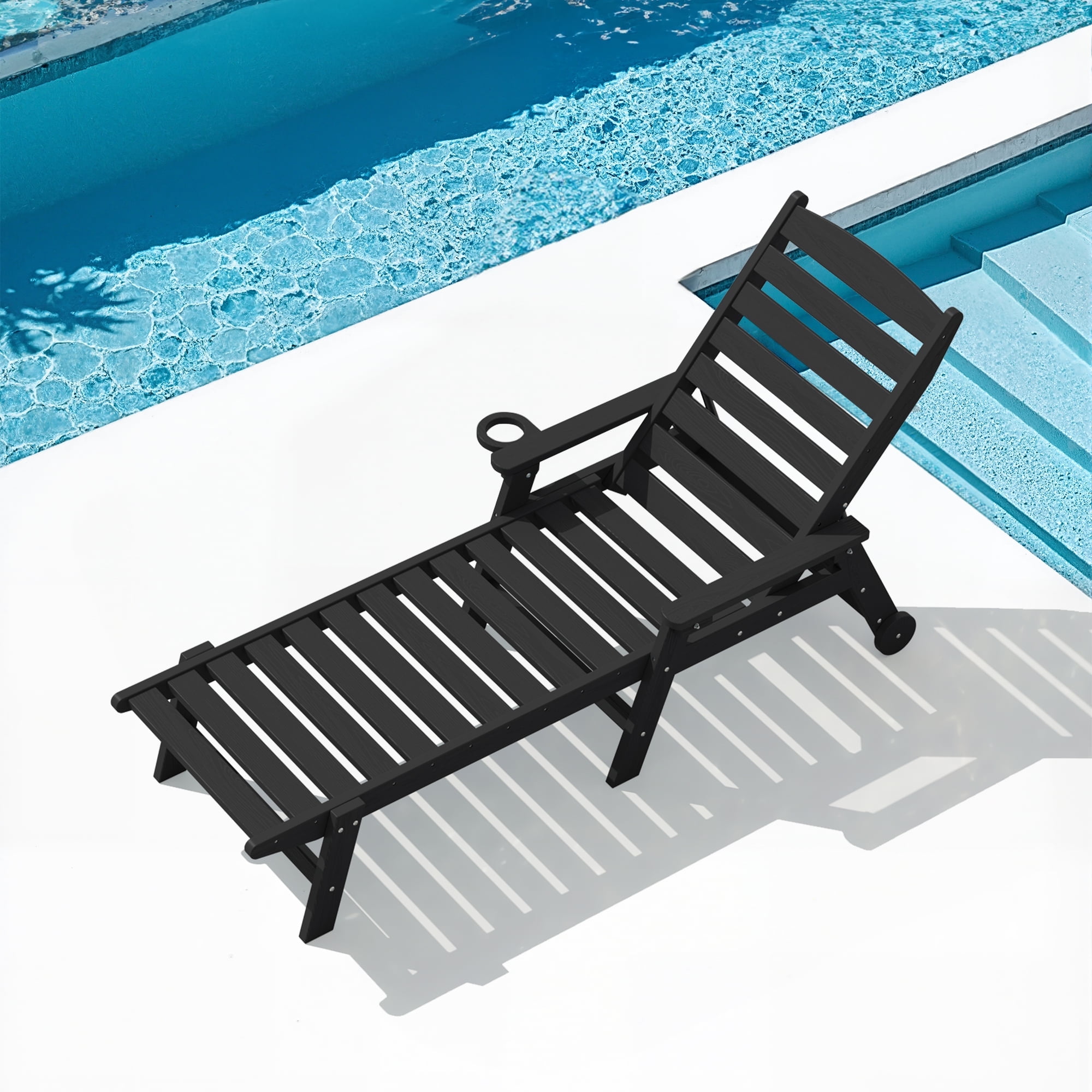 SERWALL Patio Chaise Lounge Chair, 78'' HDPE Outdoor Lounge Chair 5 Positions Pool Lounger Black