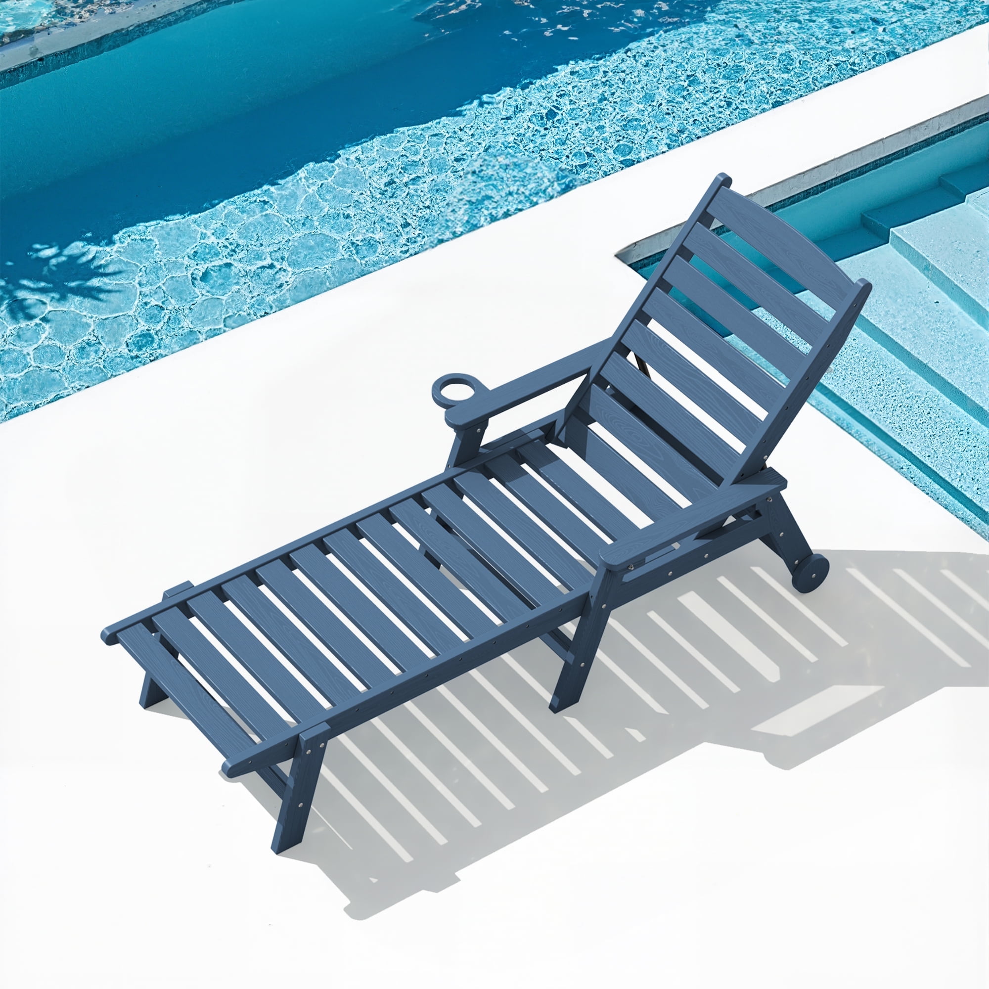 SERWALL Patio Chaise Lounge Chair, 78'' HDPE Outdoor Lounge Chair 5 Positions Pool Lounger Navy Blue
