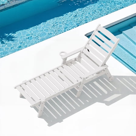 SERWALL Patio Chaise Lounge Chair, 78'' HDPE Outdoor Lounge Chair 5 Positions Pool Lounger White
