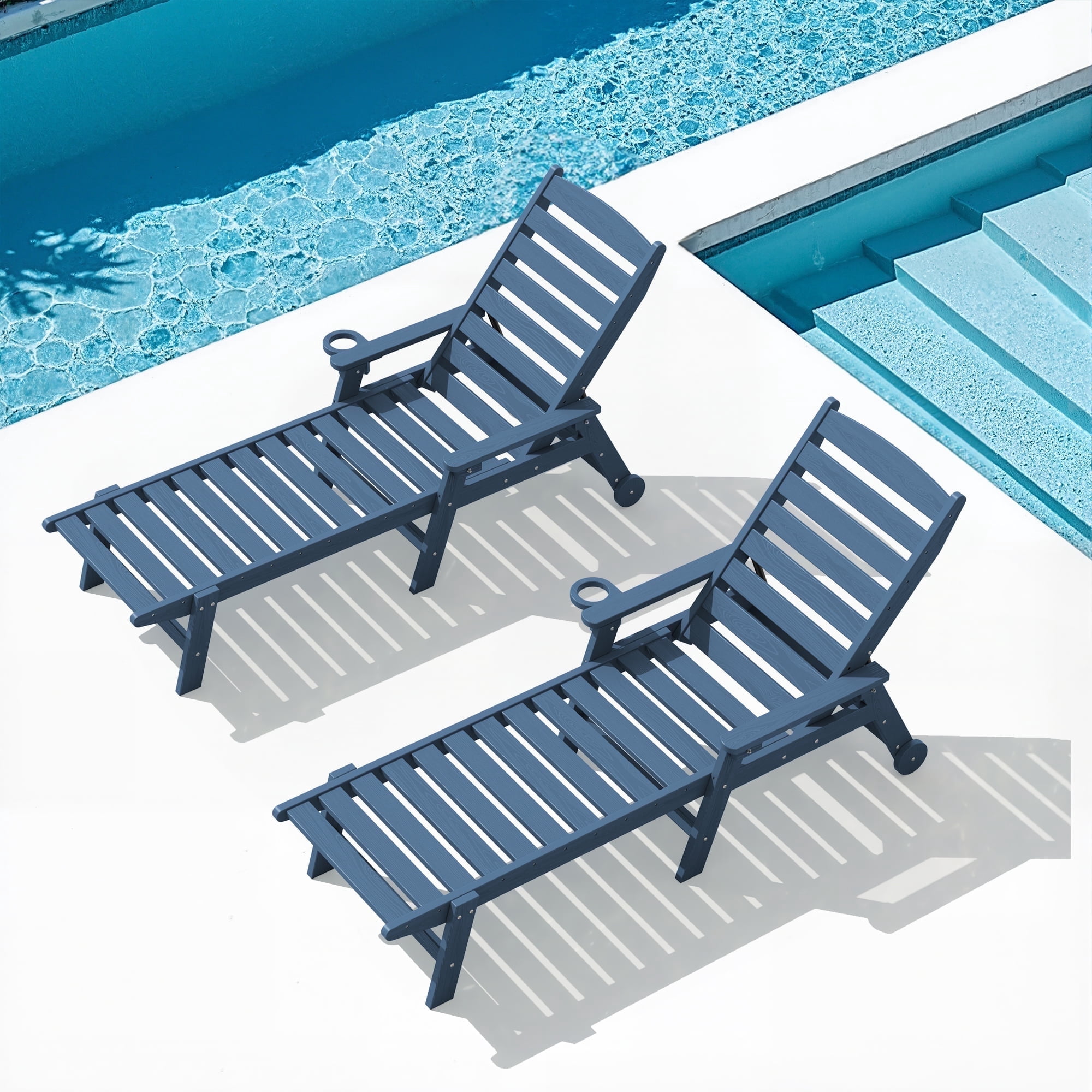 SERWALL Patio Chaise Lounge Chair Set of 2, 78'' Long 5-Positions Adjustable HDPE Outdoor Lounge Chair Navy Blue
