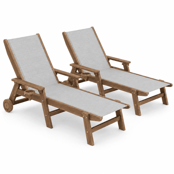 SERWALL Patio Chaise Lounge Chair Set of 2, Textilene Outdoor Lounger with Wheels for Pool, Brown