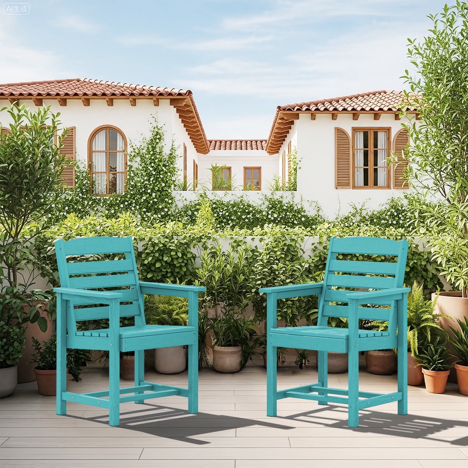 SERWALL Patio Dining Chair Set of 2,HDPE Outdoor Dining Chairs, Aruba Blue