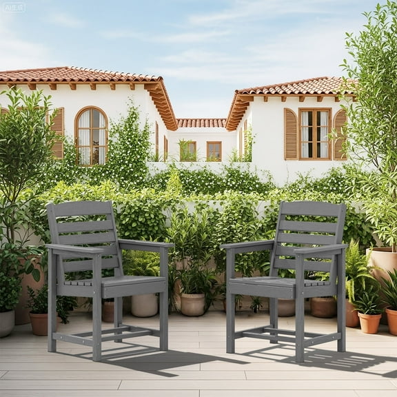 SERWALL Patio Dining Chair Set of 2,HDPE Outdoor Dining Chairs, Grey