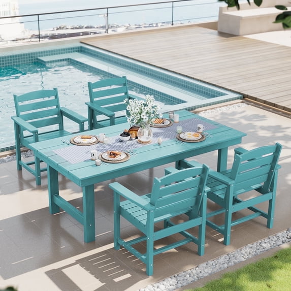SERWALL Patio Dining Set, 5-Piece Rectangular HDPE Dining Table with Umbrella Hole & 4 Chairs, Aruba Blue