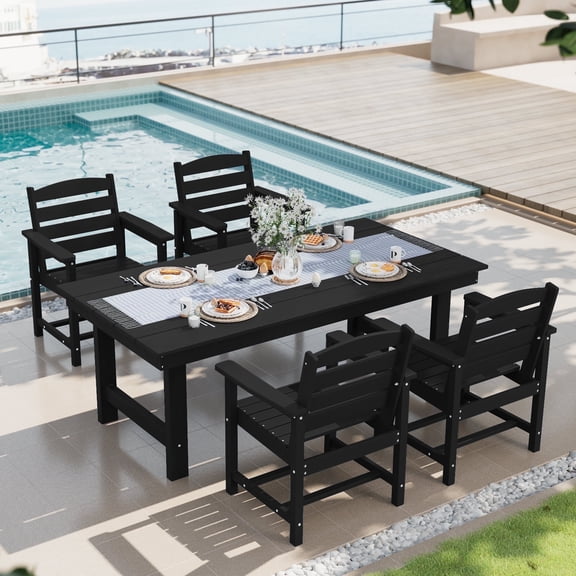SERWALL Patio Dining Set, 5-Piece Rectangular HDPE Dining Table with Umbrella Hole & 4 Chairs, Black