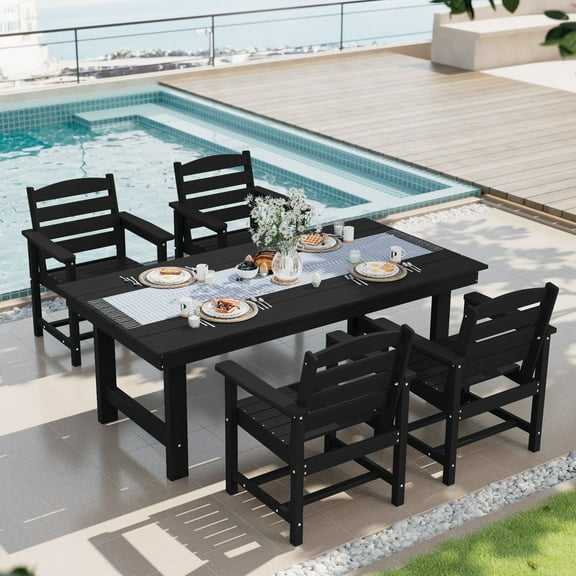SERWALL Patio Dining Set, 5-Piece Rectangular HDPE Dining Table with Umbrella Hole & 4 Chairs, Black