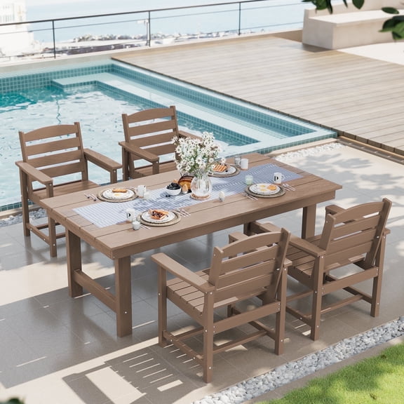 SERWALL Patio Dining Set, 5-Piece Rectangular HDPE Dining Table with Umbrella Hole & 4 Chairs, Brown