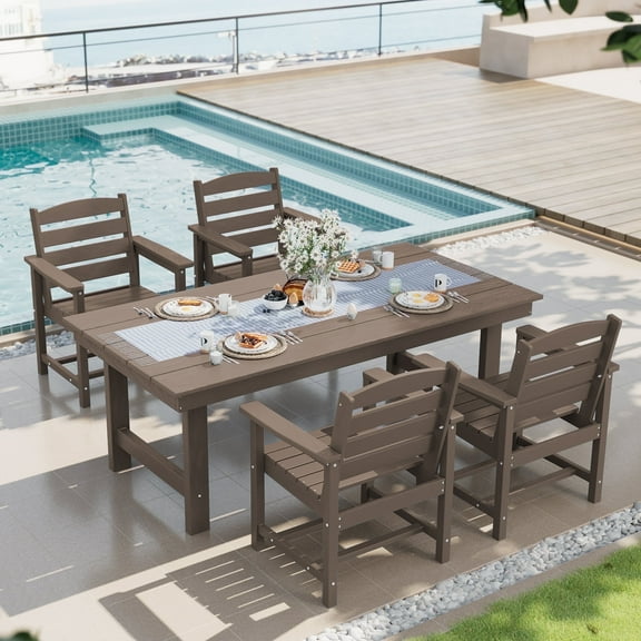 SERWALL Patio Dining Set, 5-Piece Rectangular HDPE Dining Table with Umbrella Hole & 4 Chairs, Coffee
