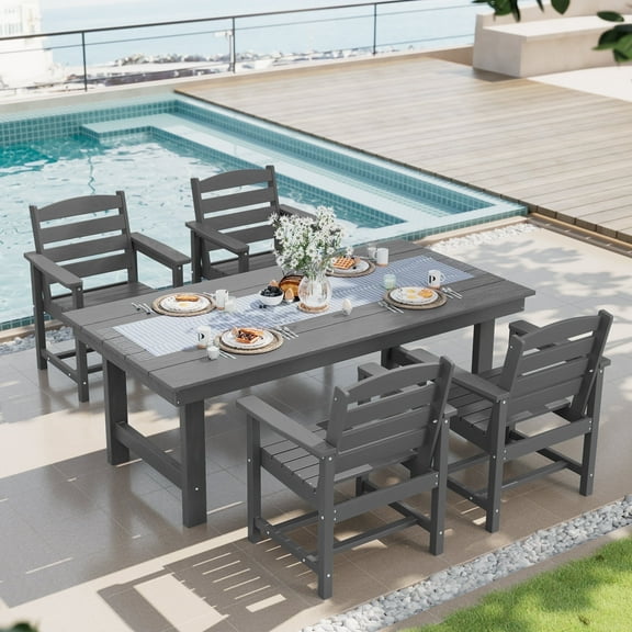 SERWALL Patio Dining Set, 5-Piece Rectangular HDPE Dining Table with Umbrella Hole & 4 Chairs, Grey