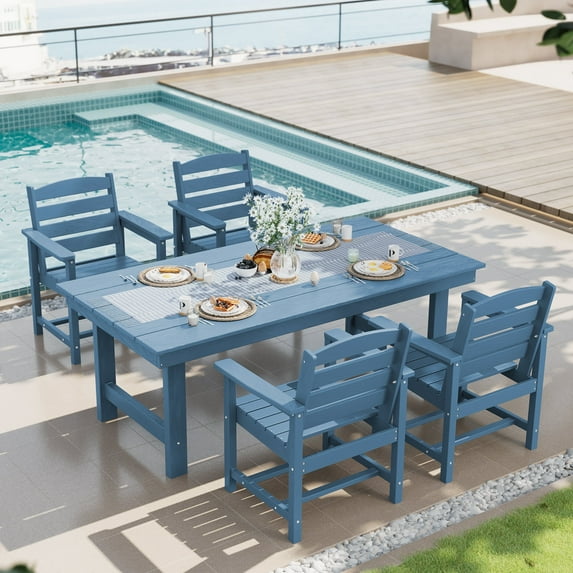 SERWALL Patio Dining Set, 5-Piece Rectangular HDPE Dining Table with Umbrella Hole & 4 Chairs, Navy Blue