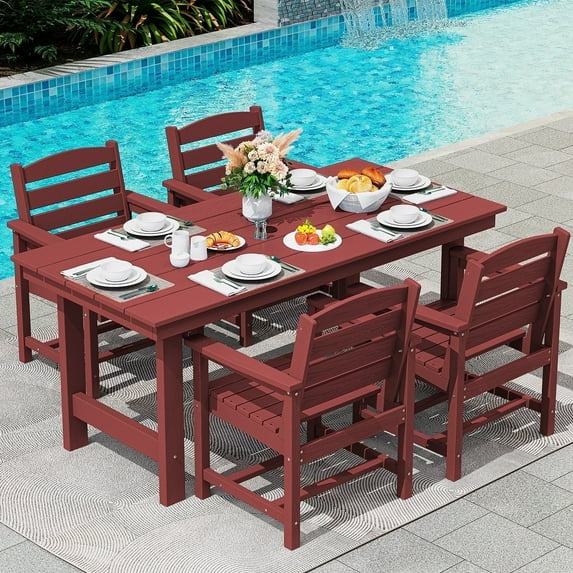 SERWALL Patio Dining Set, 5-Piece Rectangular HDPE Dining Table with Umbrella Hole & 4 Chairs, Red