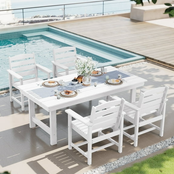 SERWALL Patio Dining Set, 5-Piece Rectangular HDPE Dining Table with Umbrella Hole & 4 Chairs, White