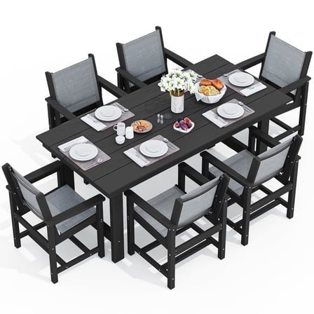 SERWALL Patio Dining Table Set, 7-Piece Outdoor HDPE Dining Table Sets with Umbrella Hole & 6 Textilene Chairs, Black