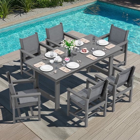SERWALL Patio Dining Table Set, 7-Piece Outdoor HDPE Dining Table Sets with Umbrella Hole & 6 Textilene Chairs, Grey