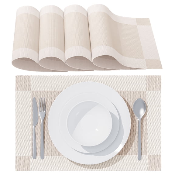 SERWALL Placemats for Dining Table Set of 4 Woven Vinyl Plastic Place Mats Non-Slip Heat Insulation Stain Resistant Table Mats Washable Easy Clean Placemats,Beige