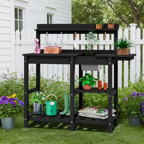 SERWALL Potting Bench Outdoor Potting Table with Sink, HDPE Material All Weather Use- Black