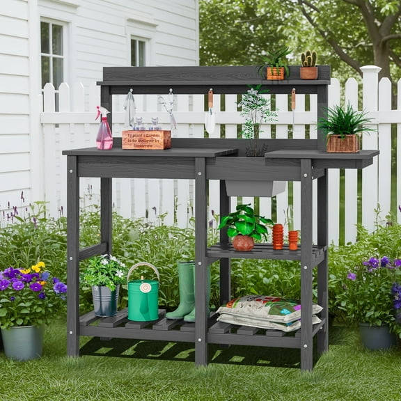SERWALL Potting Bench Outdoor Potting Table with Sink, HDPE Material All Weather Use- Gray