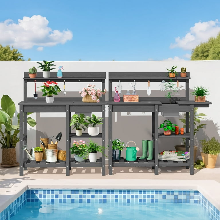 SERWALL Potting Bench Set of 2, Outdoor Potting Table with Sink