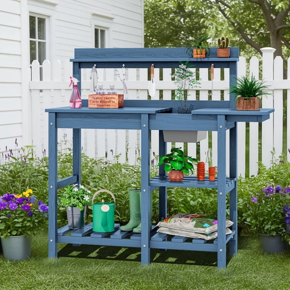 SERWALL Potting Bench Outdoor Potting Table with Sink, HDPE Material All Weather Use- Navy