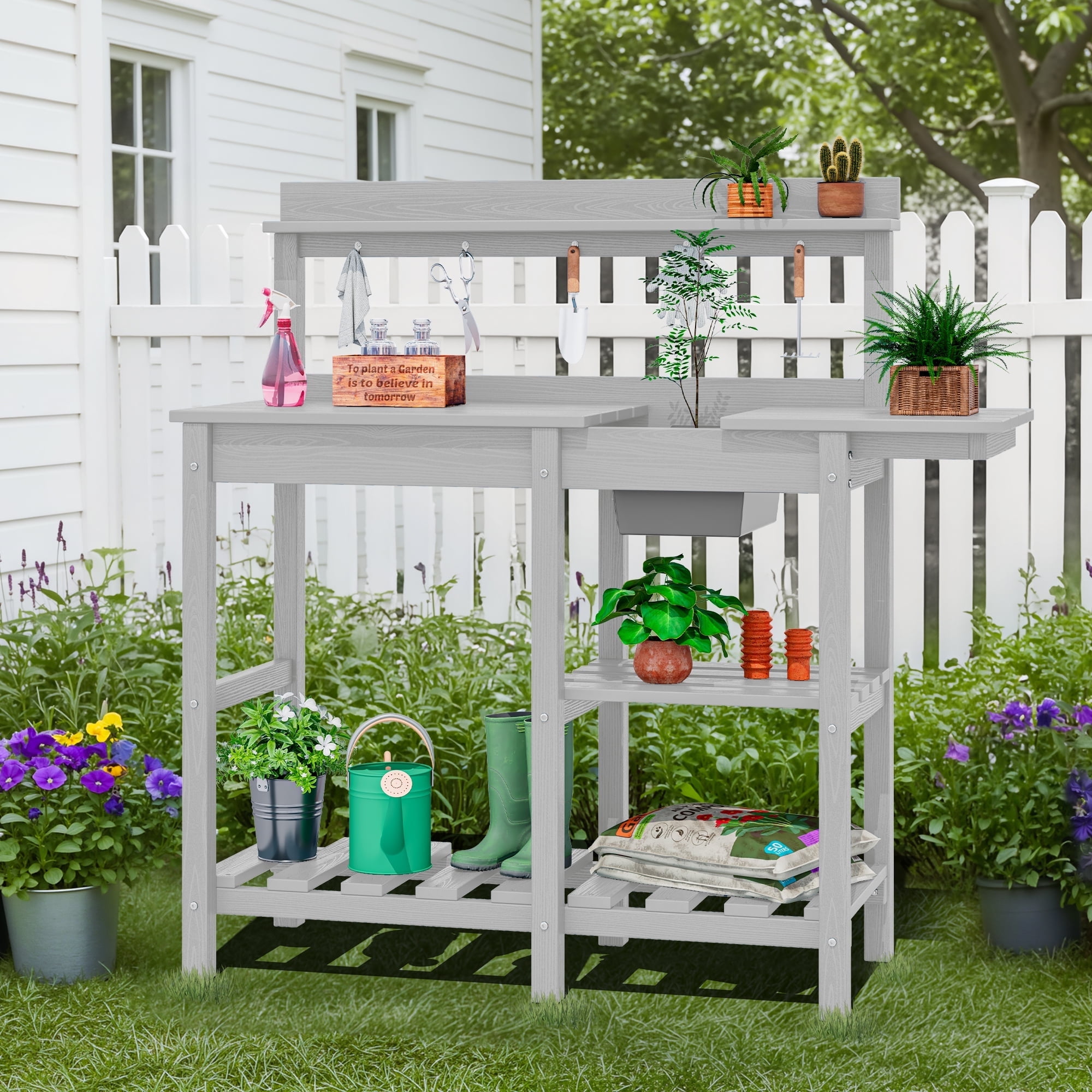 SERWALL Potting Bench Outdoor Potting Table with Sink, HDPE Material All Weather Use- Spanish Gray
