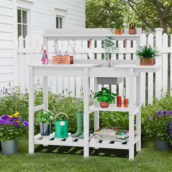 SERWALL Potting Bench Outdoor Potting Table with Sink, HDPE Material All Weather Use- White