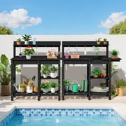 SERWALL Potting Bench Set of 2, Outdoor Potting Table with Sink, HDPE Material All Weather Use- Black