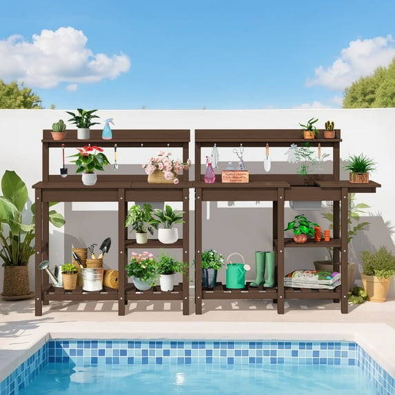 SERWALL Potting Bench Set of 2, Outdoor Potting Table with Sink, HDPE Material All Weather Use- Coffee