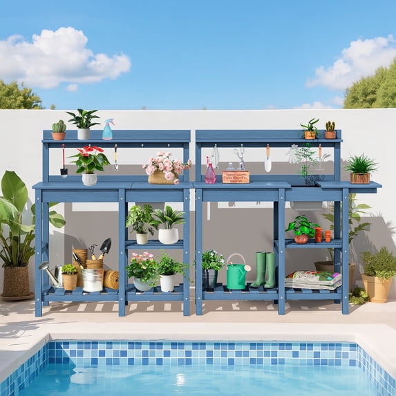 SERWALL Potting Bench Set of 2, Outdoor Potting Table with Sink, HDPE Material All Weather Use- Navy