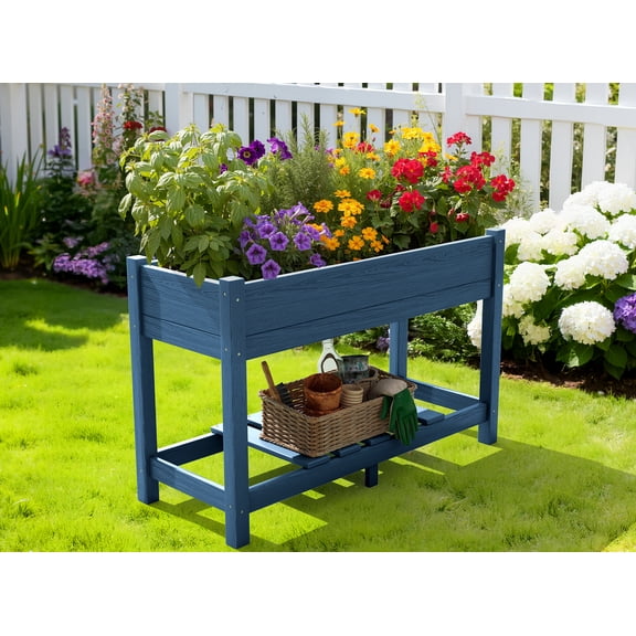 SERWALL HDPE Raised Garden Bed with Legs, 43"x16"x30" Elevated Planter Box, Outdoor Planter for Vegetables Flowers, Blue