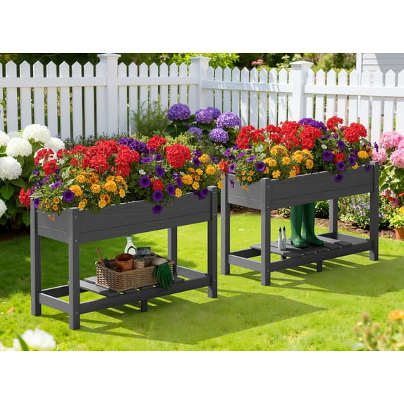 SERWALL HDPE Raised Garden Bed with Legs, 43"x16"x30" Elevated Planter Box, Outdoor Planter for Vegetables Flowers, 2-Piece, Gray