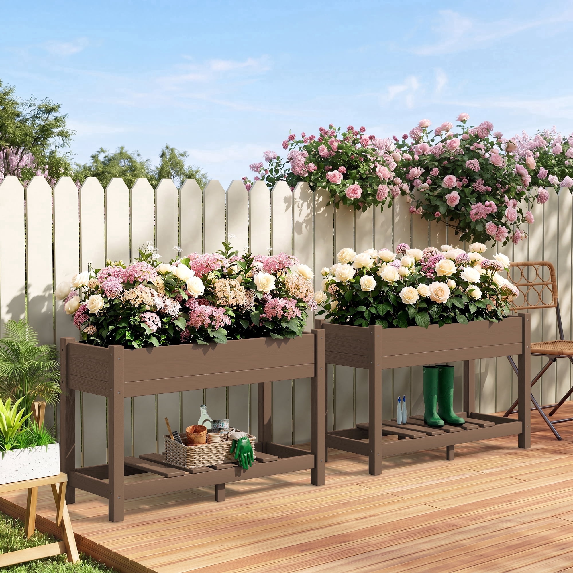 SERWALL HDPE Raised Garden Bed with Legs, 43"x16"x30" Elevated Planter Box, Outdoor Planter for Vegetables Flowers, 2-Piece, Brown