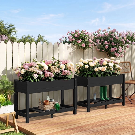 SERWALL HDPE Raised Garden Bed with Legs, 43"x16"x30" Elevated Planter Box, Outdoor Planter for Vegetables Flowers, 2-Piece, Black