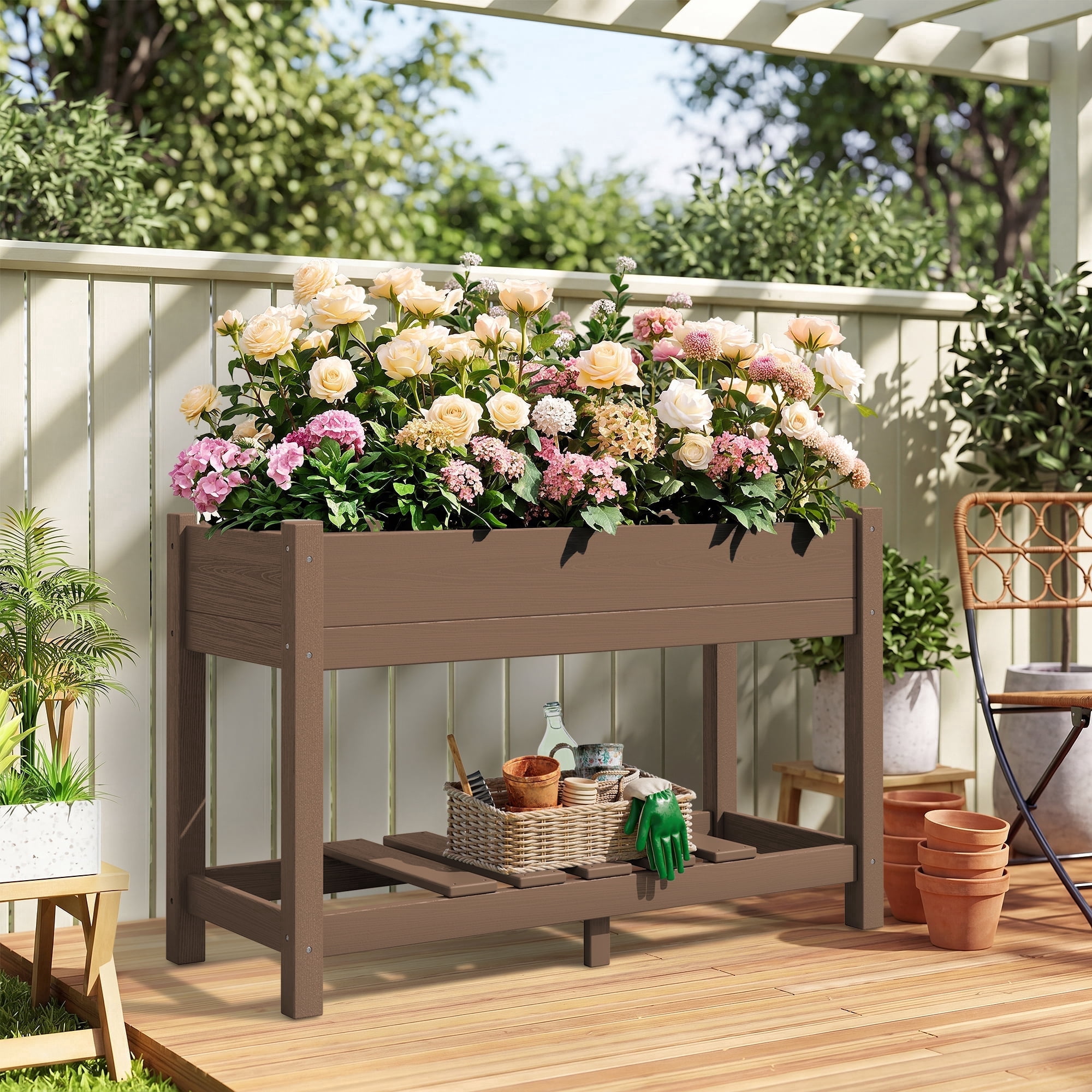 SERWALL HDPE Raised Garden Bed with Legs, 43"x16"x30" Elevated Planter Box, Outdoor Planter for Vegetables Flowers, Brown