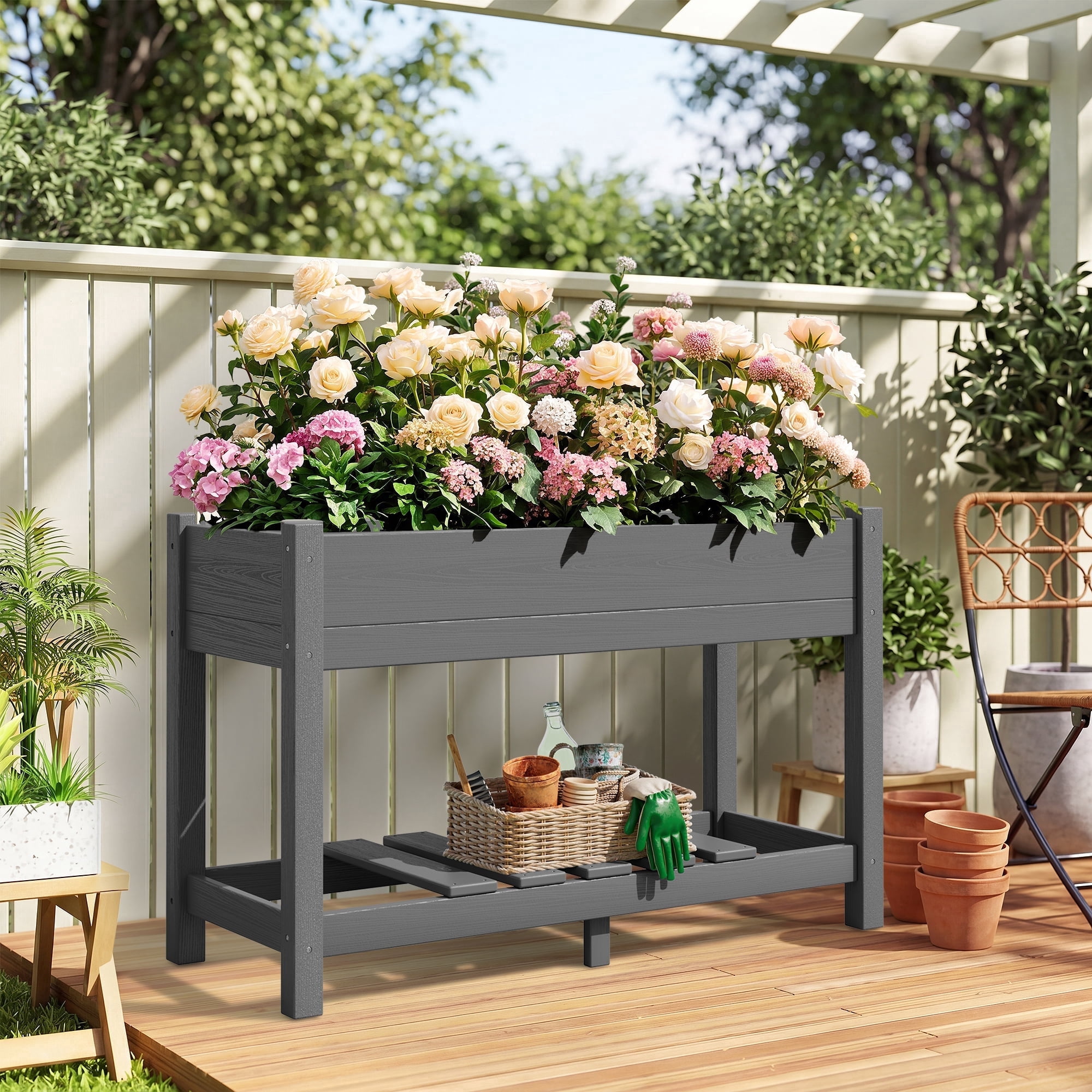 SERWALL HDPE Raised Garden Bed with Legs, 43"x16"x30" Elevated Planter Box, Outdoor Planter for Vegetables Flowers, Gray