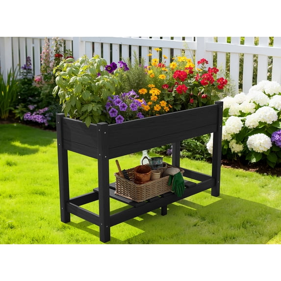 SERWALL HDPE Raised Garden Bed with Legs, 43"x16"x30" Elevated Planter Box, Outdoor Planter for Vegetables Flowers, Black