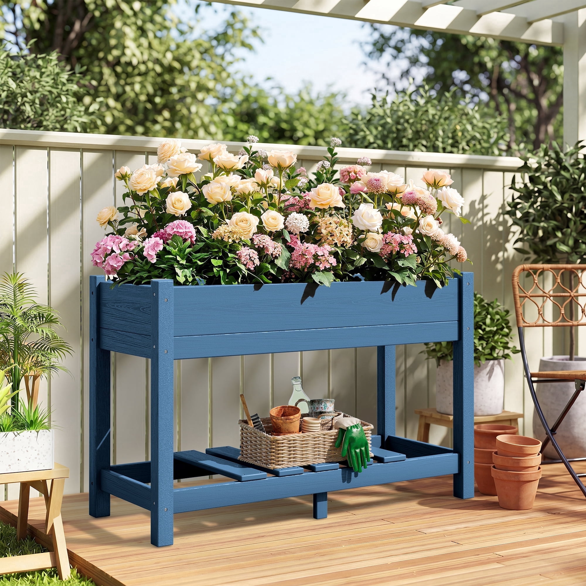 SERWALL HDPE Raised Garden Bed with Legs, 43"x16"x30" Elevated Planter Box, Outdoor Planter for Vegetables Flowers, Blue