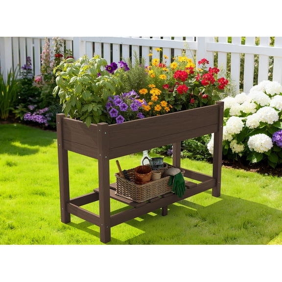 SERWALL HDPE Raised Garden Bed with Legs, 43"x16"x30" Elevated Planter Box, Outdoor Planter for Vegetables Flowers, Brown